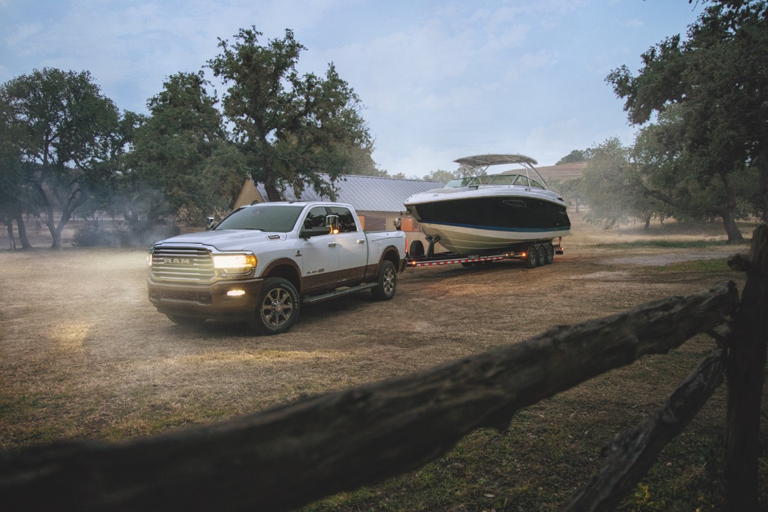 2021 Ram 3500 Longhornn towing boat at launch J.D. Power IQS winner