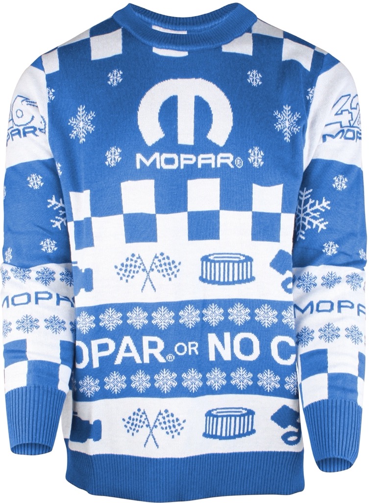 Mopar ugly sweater blue and white