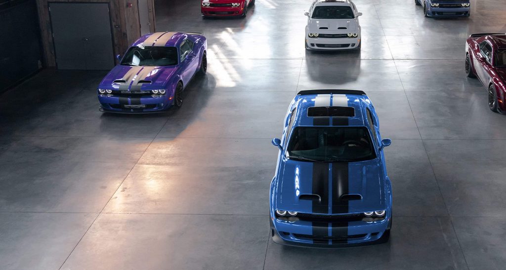 Dodge Challengers of all colors and trims coming out of the production hall
