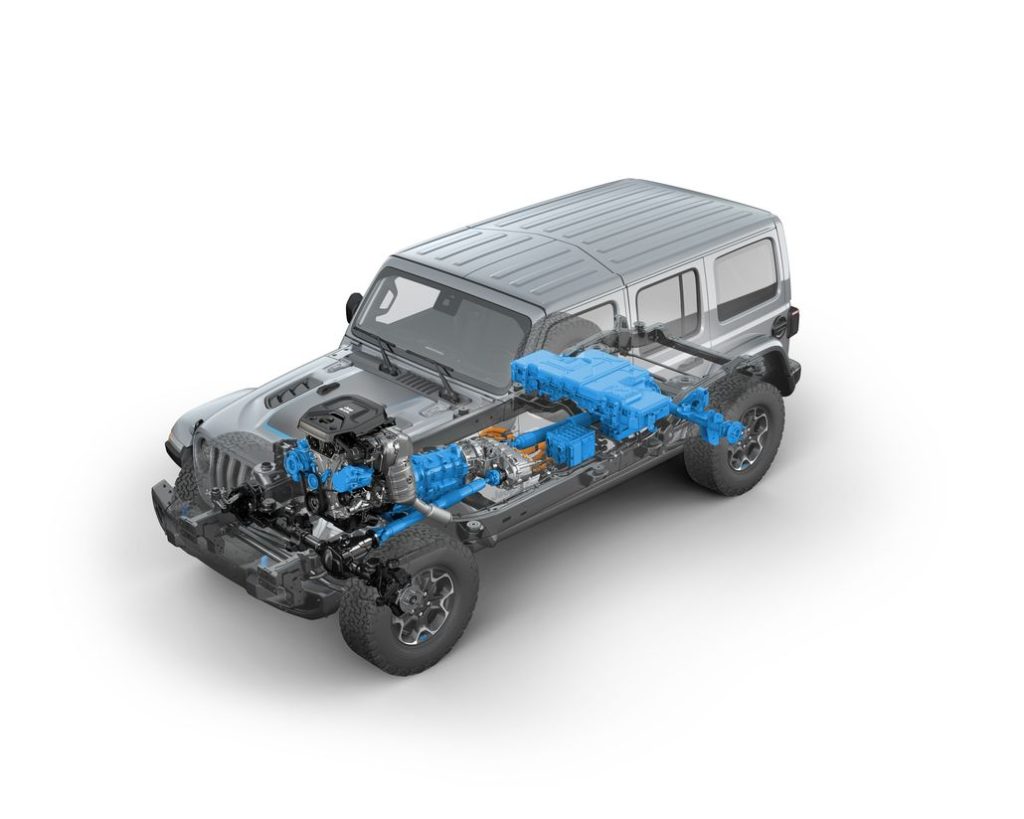 Front three-quarters view of the 2024 Jeep® Wrangler Rubicon 4xe hybrid electric. Highlighted components are unique to the Wrangler 4xe.