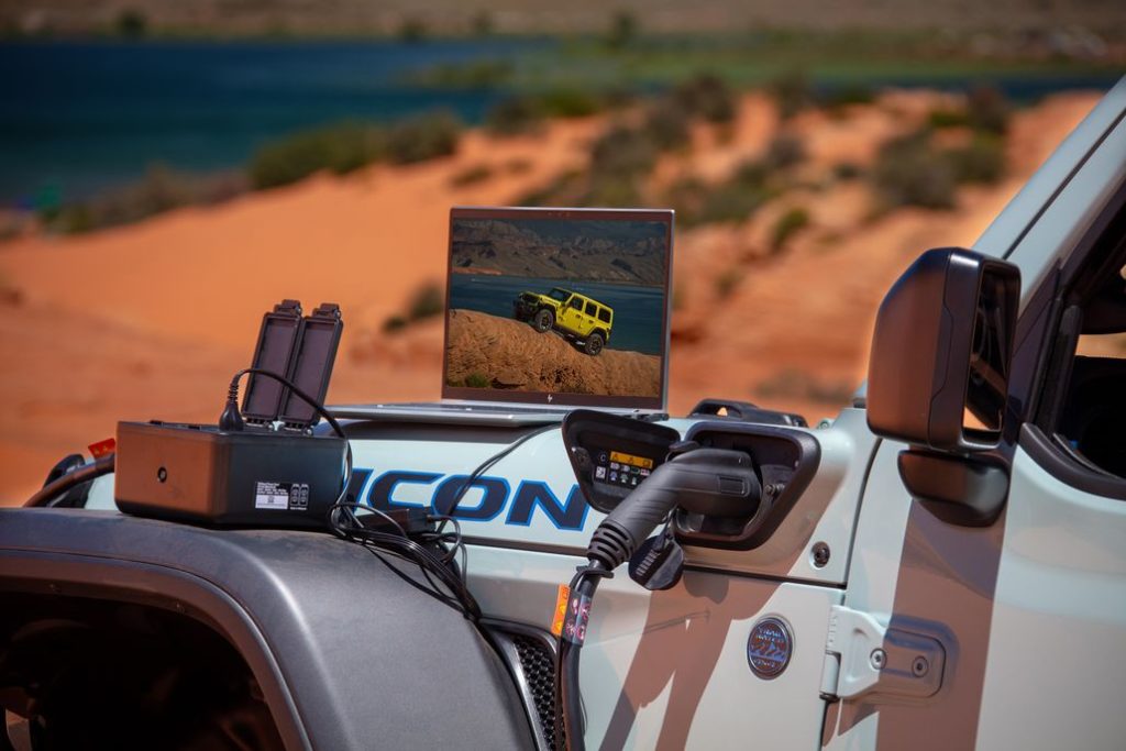 The Jeep® 4xe Power Box, available on the new 2024 Jeep® Wrangler 4xe, features four 120-volt outlets with 30 amps of total output, allowing the battery pack to power external devices.