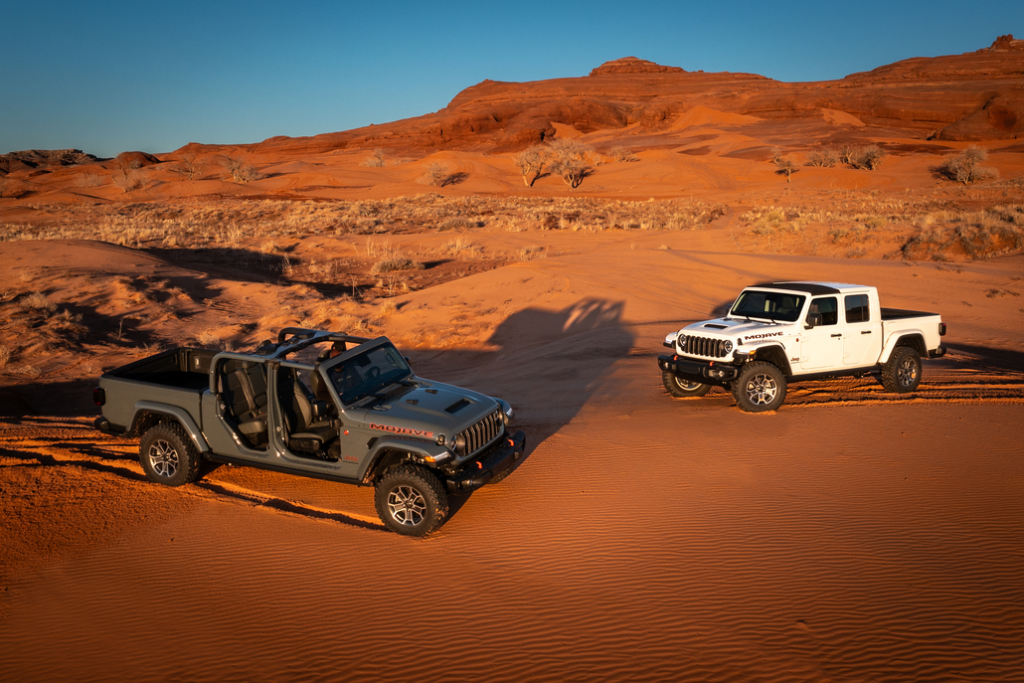 Two Jeep Gladiators Parked in a Desert Aerial View