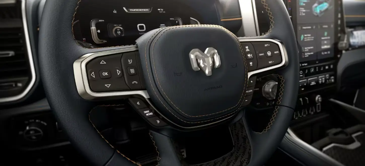 2025 Ram 1500 REV Interior Close Up of the Steering Wheel
