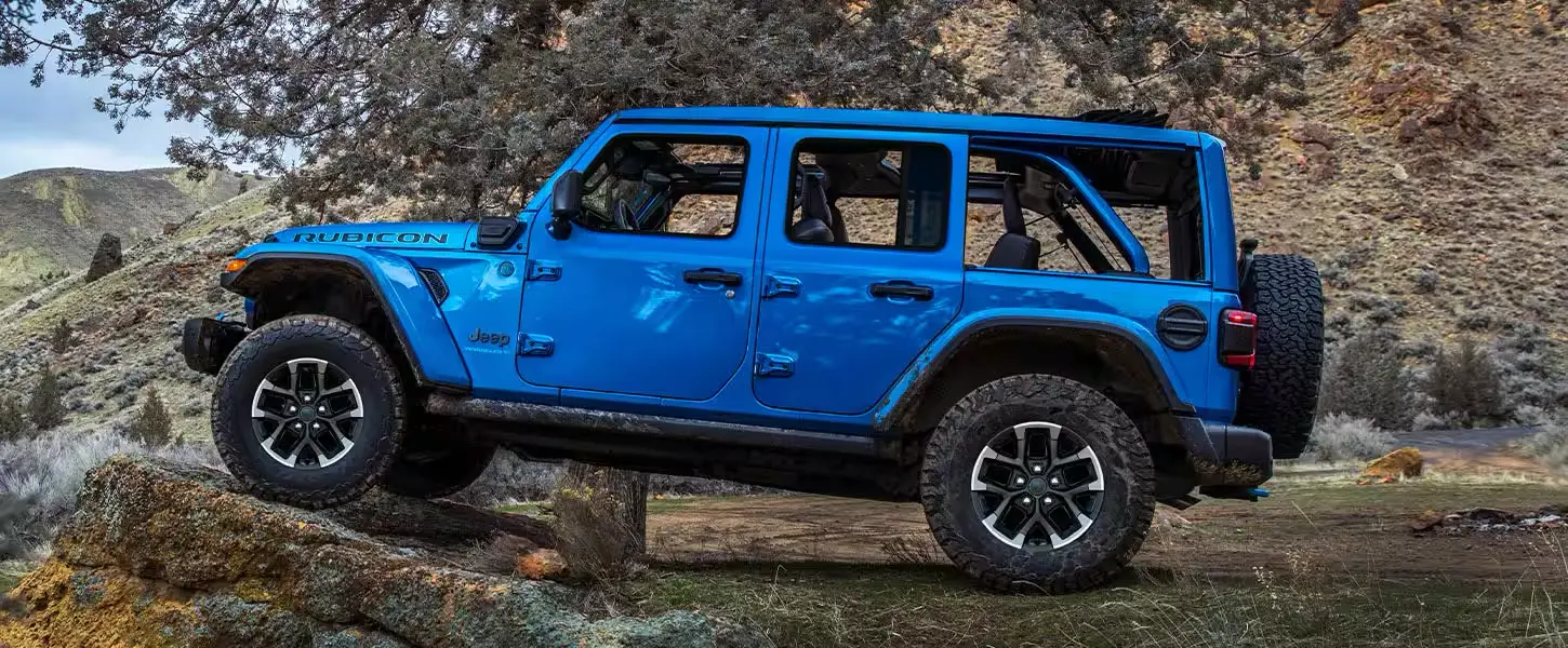 Blue 2025 Jeep Wrangler 4xe Side View
